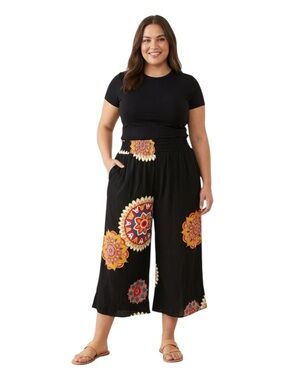 Millenium Boho Mandala Wide Leg Cropped Pants XL Plus Size Smocked Waist